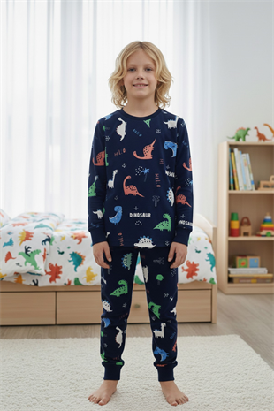 Garson Erkek Çocuk Dinozor Desenli %100 Pamuk Reaktif Boyalı İnterlok Kumaş Uzun Kollu Pijama Takımı