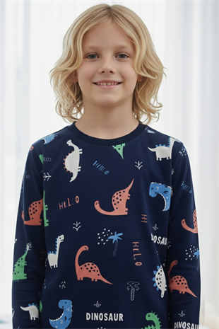 Garson Erkek Çocuk Dinozor Desenli %100 Pamuk Reaktif Boyalı İnterlok Kumaş Uzun Kollu Pijama Takımı