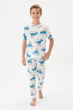 Garson Erkek Çocuk Dinozor Desenli %100 Pamuk Süprem Kumaş Kısa Kollu  Pijama Takımı