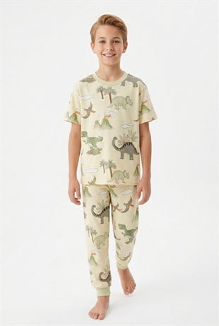 Garson Erkek Çocuk Dinozor Desenli %100 Pamuk Süprem Kumaş Kısa Kollu Pijama