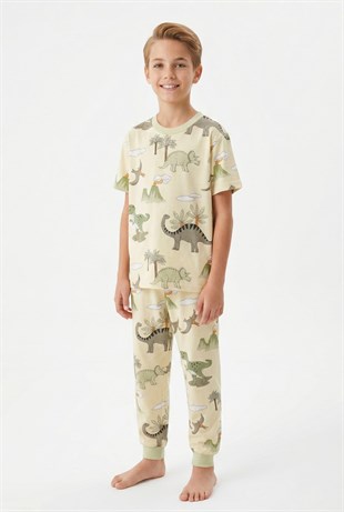 Garson Erkek Çocuk Dinozor Desenli %100 Pamuk Süprem Kumaş Kısa Kollu Pijama