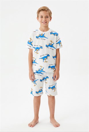 Garson Erkek Çocuk Dinozor Desenli %100 Pamuk Süprem Kumaş Kısa Kollu Şortlu Pijama Takımı
