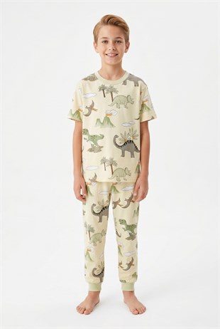 Garson Erkek Çocuk Dinozor Desenli %100 Pamuk Süprem Kumaş Kısa Kollu Pijama