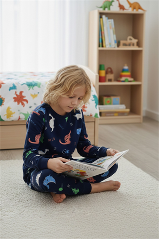 Garson Erkek Çocuk Dinozor Desenli %100 Pamuk Reaktif Boyalı İnterlok Kumaş Uzun Kollu Pijama Takımı