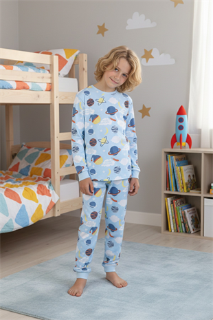 Garson Erkek Çocuk Gezegen Desenli %100 Pamuk Reaktif Boyalı İnterlok Kumaş Uzun Kollu Pijama Takımı