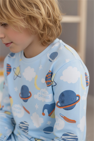 Garson Erkek Çocuk Gezegen Desenli %100 Pamuk Reaktif Boyalı İnterlok Kumaş Uzun Kollu Pijama Takımı