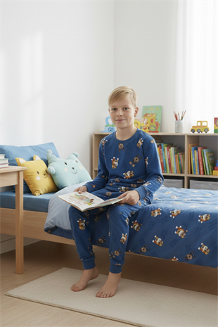 Garson Erkek Çocuk Köpek Baskılı %100 Pamuk Reaktif Boyalı İnterlok Kumaş Uzun Kollu Pijama Takımı