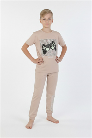 Garson Erkek Çocuk Oyun Konsolu Baskılı %100 Pamuk Reaktif Boyama Süprem Kısa Kollu Pijama Takımı