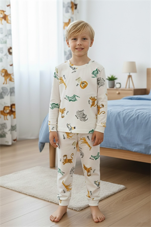 Garson Erkek Çocuk Safari Hayvan Desenli %100 Pamuk Reaktif Boyalı İnterlok Kumaş Uzun Kollu Pijama Takımı