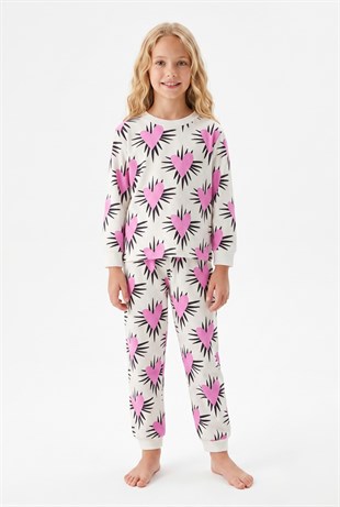 Garson Kız Çocuk Baskılı %100 Pamuk Süprem Kumaş Reaktif Boyama Uzun Kollu Pijama Takımı