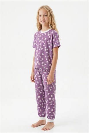 Garson Kız Çocuk Çiçek Desenli %100 Pamuk Süprem Penye Kumaş Kısa Kollu Pijama Takımı