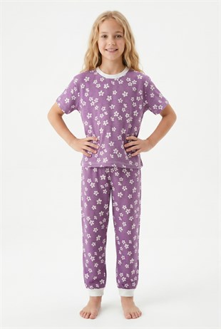Garson Kız Çocuk Çiçek Desenli %100 Pamuk Süprem Penye Kumaş Kısa Kollu Pijama Takımı