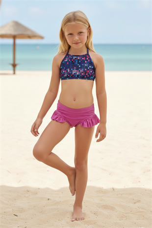 Garson Kız Çocuk Kareli Dijital Baskılı Halter Yaka Bikini Üstü ve Yanları Fırfırlı Bikini Altı İkili Takım