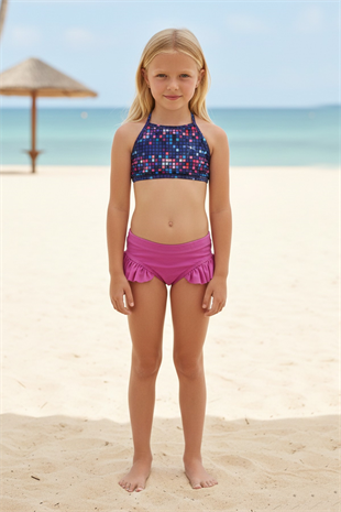 Garson Kız Çocuk Kareli Dijital Baskılı Halter Yaka Bikini Üstü ve Yanları Fırfırlı Bikini Altı İkili Takım