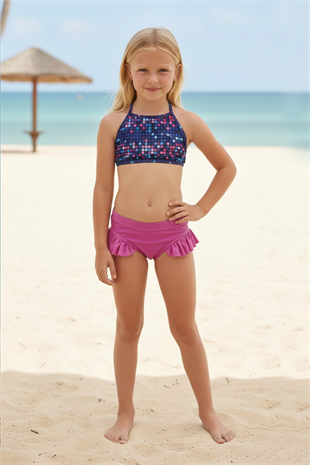 Garson Kız Çocuk Kareli Dijital Baskılı Halter Yaka Bikini Üstü ve Yanları Fırfırlı Bikini Altı İkili Takım