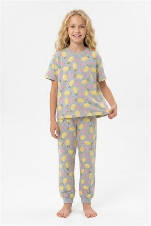 Garson Kız Çocuk Limon Desenli %100 Pamuk Reaktif Boyama Süprem Kumaş Kısa Kollu Pijama Takımı
