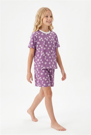 Garson Kız Çocuk Papatya Desenli %100 Pamuk Reaktif Boyama Süprem Kumaş Kısa Kollu Şortlu Pijama Takımı