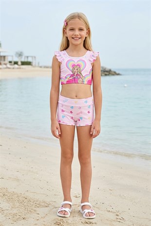 Garson Kız Çocuk Polyester + Elastan Baskılı Fırfırlı Crop Üst ve Boxer Şortlu Mayo