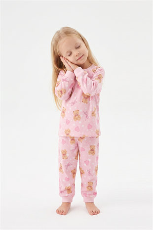 Kız Bebek Ayıcık ve Kalp Desenli %100 Pamuk Süprem Kumaş Reaktif Boyama Uzun Kollu Pijama Takımı