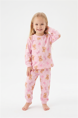 Kız Bebek Ayıcık ve Kalp Desenli %100 Pamuk Süprem Kumaş Reaktif Boyama Uzun Kollu Pijama Takımı