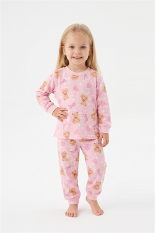 Kız Bebek Ayıcık ve Kalp Desenli %100 Pamuk Süprem Kumaş Reaktif Boyama Uzun Kollu Pijama Takımı
