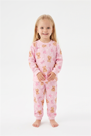 Kız Bebek Ayıcık ve Kalp Desenli %100 Pamuk Süprem Kumaş Reaktif Boyama Uzun Kollu Pijama Takımı