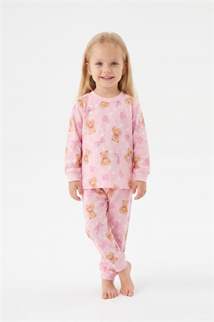 Kız Bebek Ayıcık ve Kalp Desenli %100 Pamuk Süprem Kumaş Reaktif Boyama Uzun Kollu Pijama Takımı