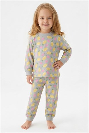 Kız Bebek Baskılı  %100 Pamuk Süprem Kumaş Reaktif Boyama Uzun Kollu Pijama Takımı