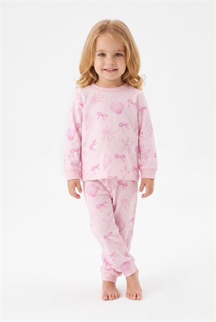 Kız Bebek Baskılı  %100 Pamuk Süprem Kumaş Reaktif Boyama Uzun Kollu Pijama Takımı