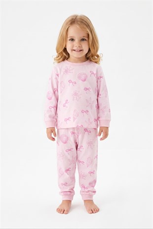 Kız Bebek Baskılı  %100 Pamuk Süprem Kumaş Reaktif Boyama Uzun Kollu Pijama Takımı