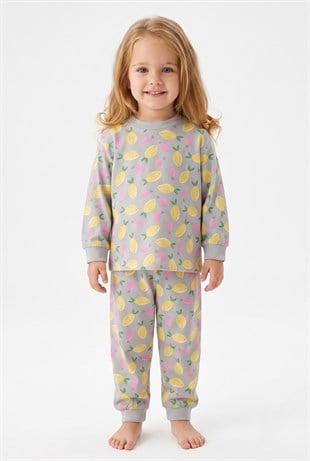 Kız Bebek Baskılı  %100 Pamuk Süprem Kumaş Reaktif Boyama Uzun Kollu Pijama Takımı