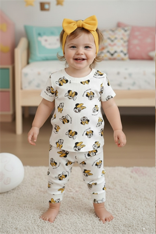 Kız Bebek Baskılı %100 Pamuk Reaktif Boyalı İnterlok Kumaş Kısa Kollu Pijama Takımı