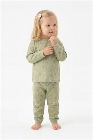 Kız Bebek Kiraz ve Meyve Desenli %100 Pamuk Reaktif Boyama İnterlok Kumaş Uzun Kollu Pijama Takımı