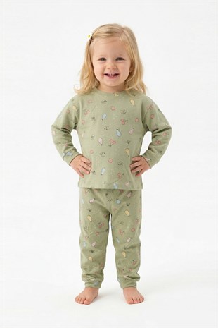 Kız Bebek Kiraz ve Meyve Desenli %100 Pamuk Reaktif Boyama İnterlok Kumaş Uzun Kollu Pijama Takımı