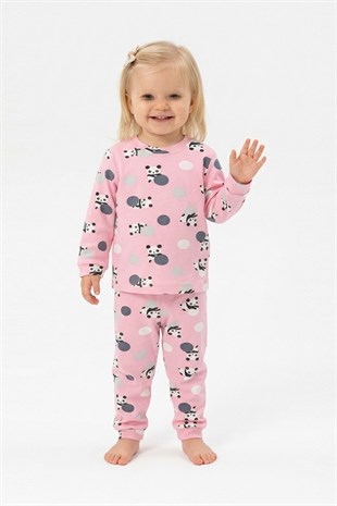 Kız Bebek Panda ve Puantiye Desenli %100 Pamuk Reaktif Boyama İnterlok Kumaş Uzun Kollu Pijama Takımı