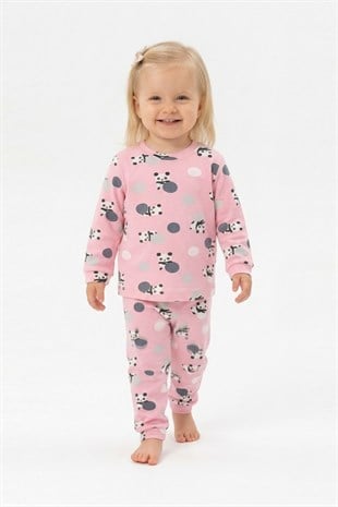Kız Bebek Panda ve Puantiye Desenli %100 Pamuk Reaktif Boyama İnterlok Kumaş Uzun Kollu Pijama Takımı