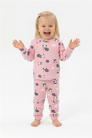 Kız Bebek Panda ve Puantiye Desenli %100 Pamuk Reaktif Boyama İnterlok Kumaş Uzun Kollu Pijama Takımı