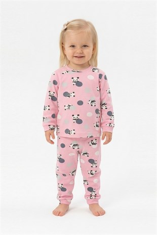 Kız Bebek Panda ve Puantiye Desenli %100 Pamuk Reaktif Boyama İnterlok Kumaş Uzun Kollu Pijama Takımı
