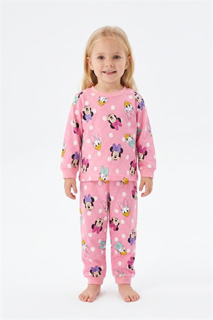 Kız Bebek Puantiyeli ve Karakter Baskılı %100 Pamuk Süprem Kumaş Reaktif Boyama Uzun Kollu Pijama Takımı