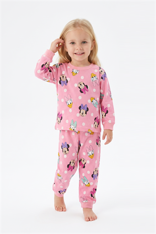 Kız Bebek Puantiyeli ve Karakter Baskılı %100 Pamuk Süprem Kumaş Reaktif Boyama Uzun Kollu Pijama Takımı