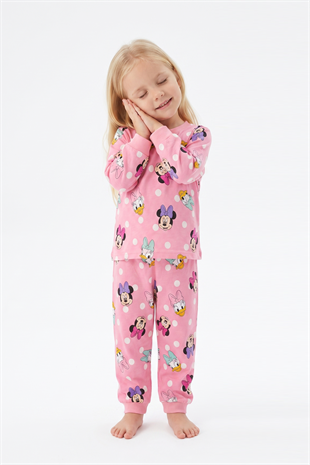 Kız Bebek Puantiyeli ve Karakter Baskılı %100 Pamuk Süprem Kumaş Reaktif Boyama Uzun Kollu Pijama Takımı