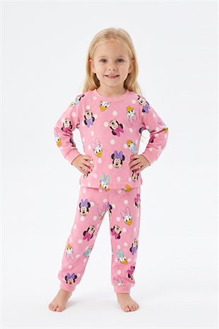 Kız Bebek Puantiyeli ve Karakter Baskılı %100 Pamuk Süprem Kumaş Reaktif Boyama Uzun Kollu Pijama Takımı