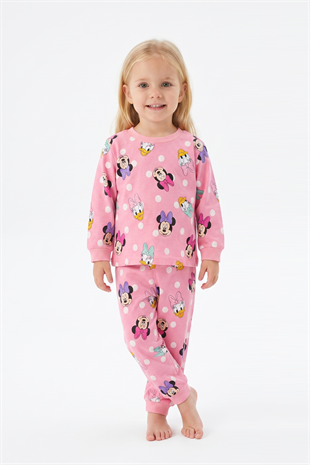 Kız Bebek Puantiyeli ve Karakter Baskılı %100 Pamuk Süprem Kumaş Reaktif Boyama Uzun Kollu Pijama Takımı