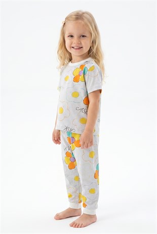 Kız Bebek Renkli Papatya Çiçek Desenli %100 Pamuk Süprem Kumaş Kısa Kollu Pijama Takımı