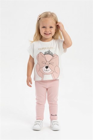 Kız Bebek Super Cute Yazılı %100 Pamuk Süprem Kumaş Ayıcık Baskılı Tişört ve Taytlı Takım