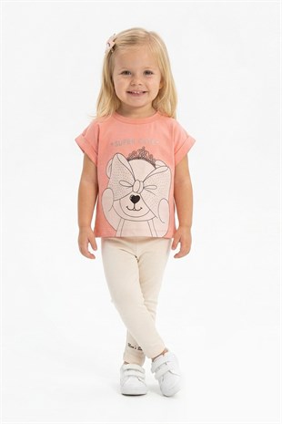 Kız Bebek Super Cute Yazılı %100 Pamuk Süprem Kumaş Ayıcık Baskılı Tişört ve Taytlı Takım