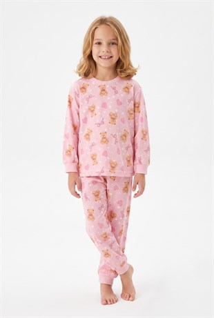 Kız Çocuk Ayıcık ve Kalp Desenli %100 Pamuk Süprem Kumaş Reaktif Boyama Uzun Kollu Pijama Takımı