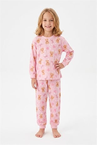 Kız Çocuk Ayıcık ve Kalp Desenli %100 Pamuk Süprem Kumaş Reaktif Boyama Uzun Kollu Pijama Takımı