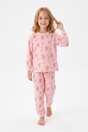 Kız Çocuk Ayıcık ve Kalp Desenli %100 Pamuk Süprem Kumaş Reaktif Boyama Uzun Kollu Pijama Takımı