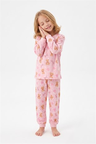 Kız Çocuk Ayıcık ve Kalp Desenli %100 Pamuk Süprem Kumaş Reaktif Boyama Uzun Kollu Pijama Takımı